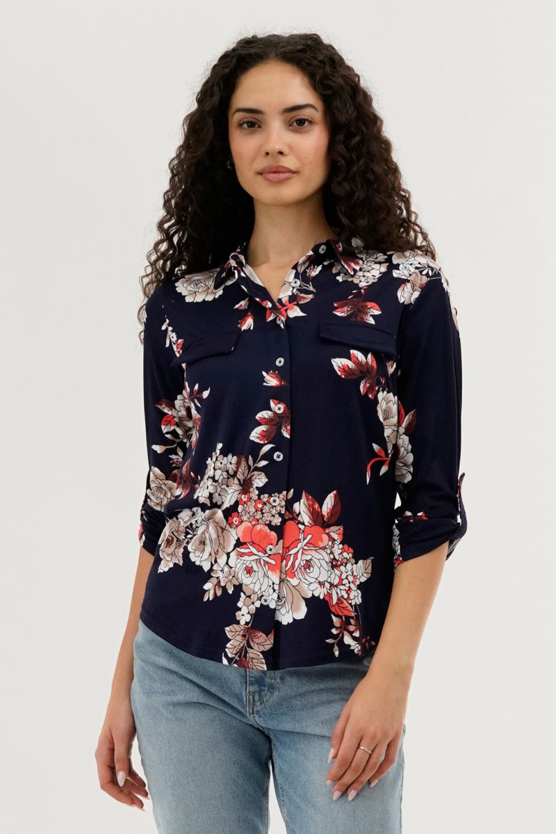 Majora Floral Button Up Blouse - Navy