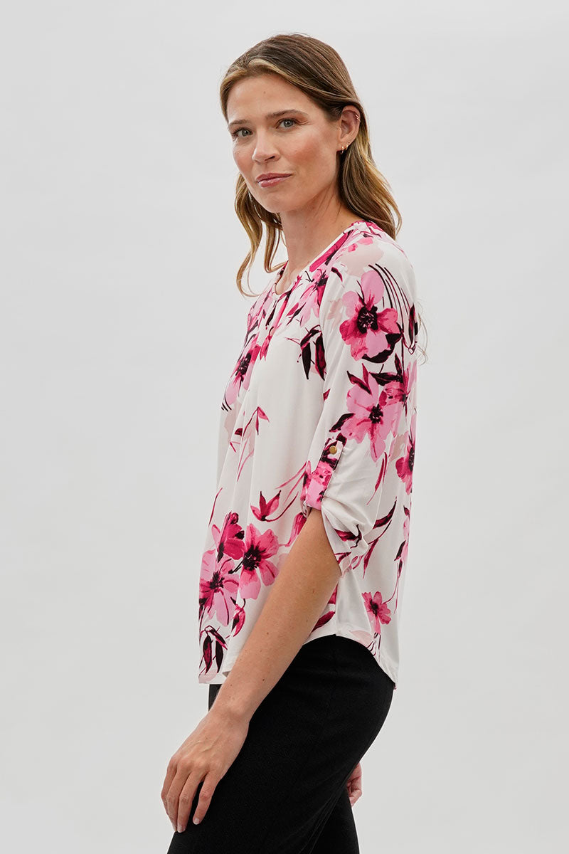 Beechers Brook Floral Roll Up Sleeve Blouse - White - Womens Shirts & Blouses - Fairweather