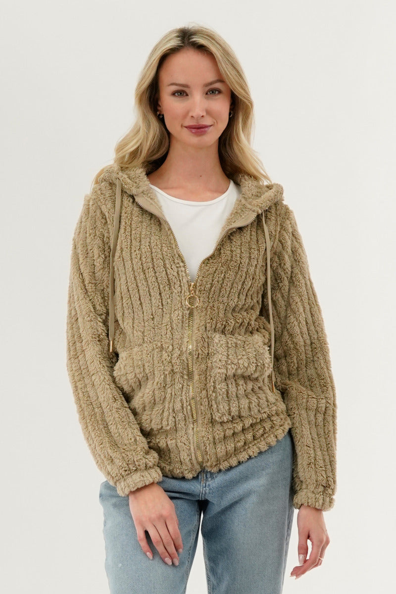 Fahrenheit Plush Hooded Zip Up Lightweight Jacket - Beige