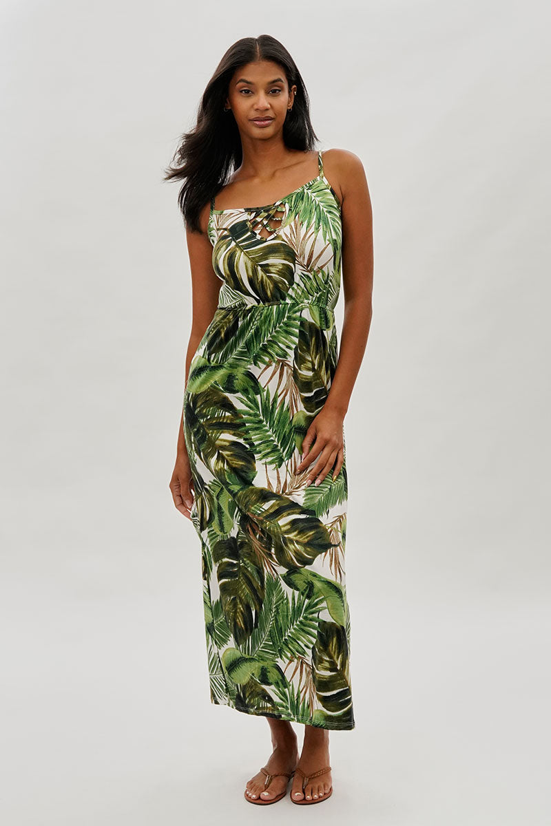 Leaf Print Keyhole Maxi Dress