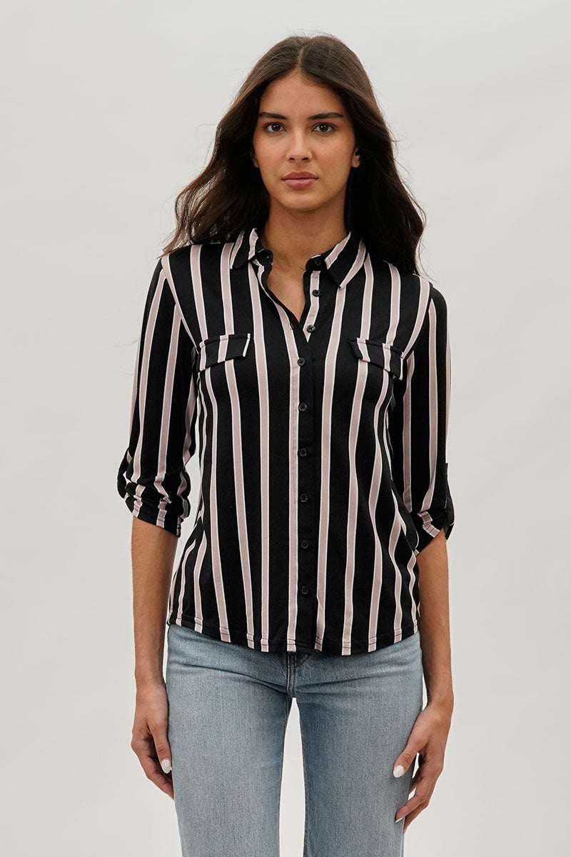 Majora Striped Collared Blouse - Black - Womens Shirts & Blouses - Fairweather