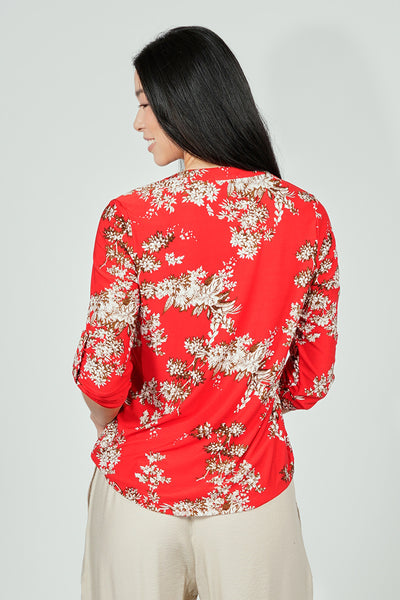 Beechers Brook Floral Roll Up Sleeve Henley Blouse - Red - Womens Shirts & Blouses - Fairweather