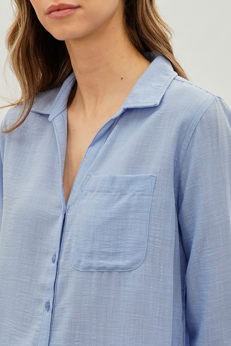 Super Triple Goose Vintage Textured Button Up Shirt - Blue - Womens Shirts & Blouses - Fairweather