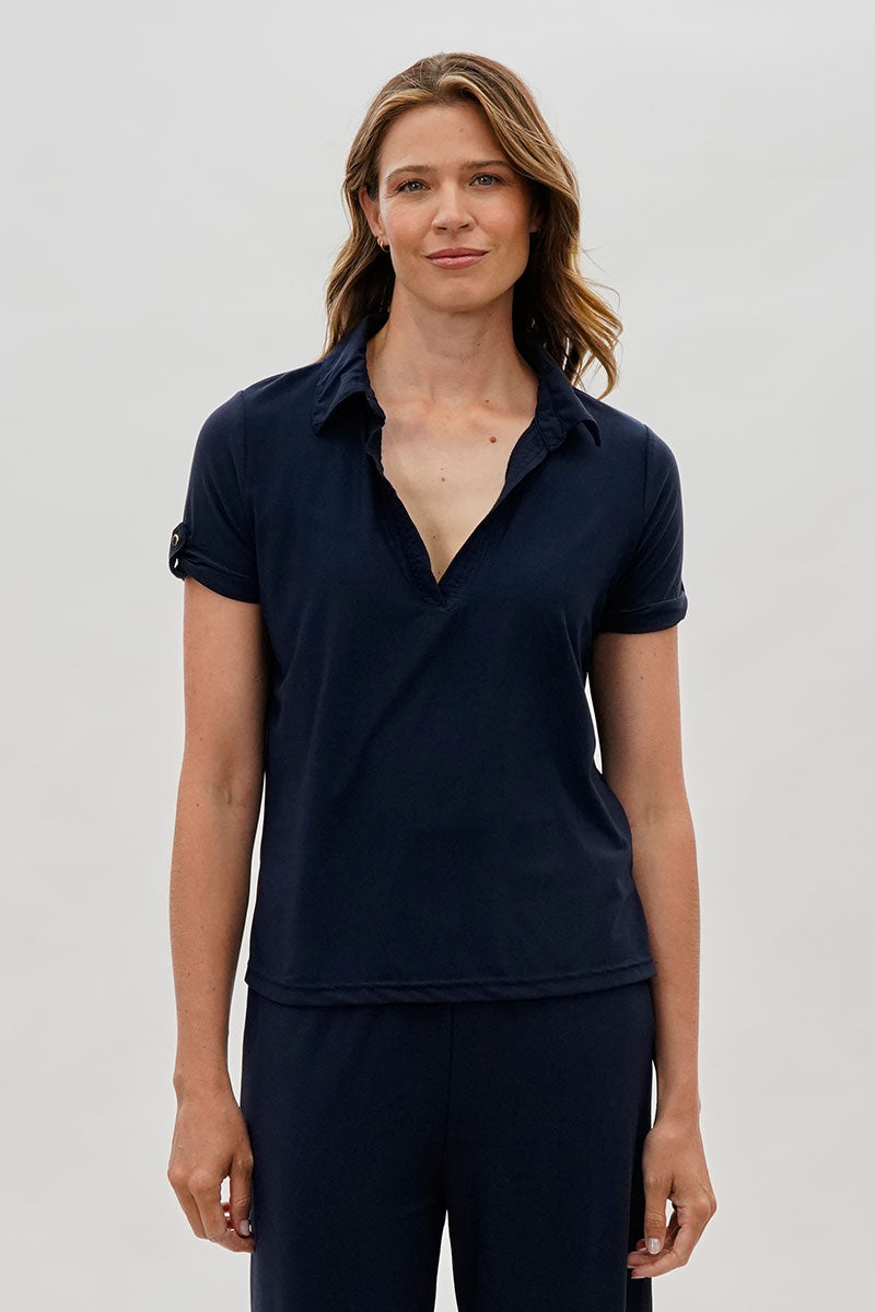 Costa Blanca Short Sleeve Split Neck Blouse - Navy - Womens Shirts & Blouses - Fairweather