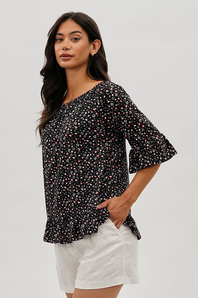 International INC Company Floral Ruffle Hem Blouse - Black - Womens Shirts & Blouses - Fairweather
