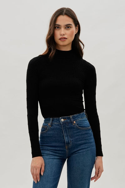 International INC Company Ribbed Mock Neck Long Sleeve Top - Black - Womens Long Sleeve Tops - Fairweather