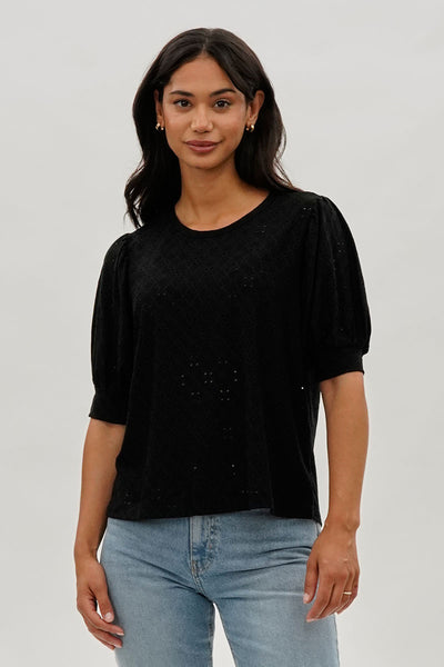 Beechers Brook Eyelet Detail Puff Sleeve Blouse - Black - Womens Shirts & Blouses - Fairweather
