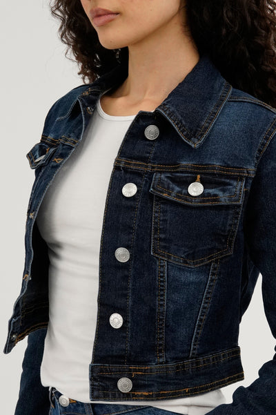 New Look Cropped Button Down Denim Jacket - Navy