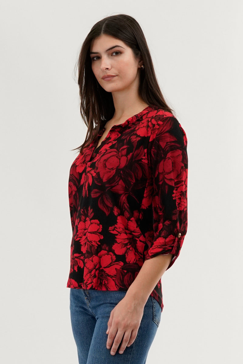 Beechers Brook Floral Split Neck Blouse - Red - Womens Shirts & Blouses - Fairweather
