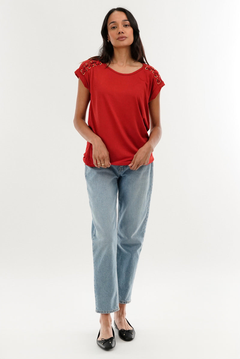 International INC Company Shoulder Lace Up Tee - Coral - Womens Tees & Tank Tops - Fairweather