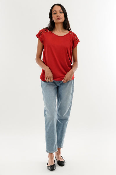 International INC Company Shoulder Lace Up Tee - Coral - Womens Tees & Tank Tops - Fairweather