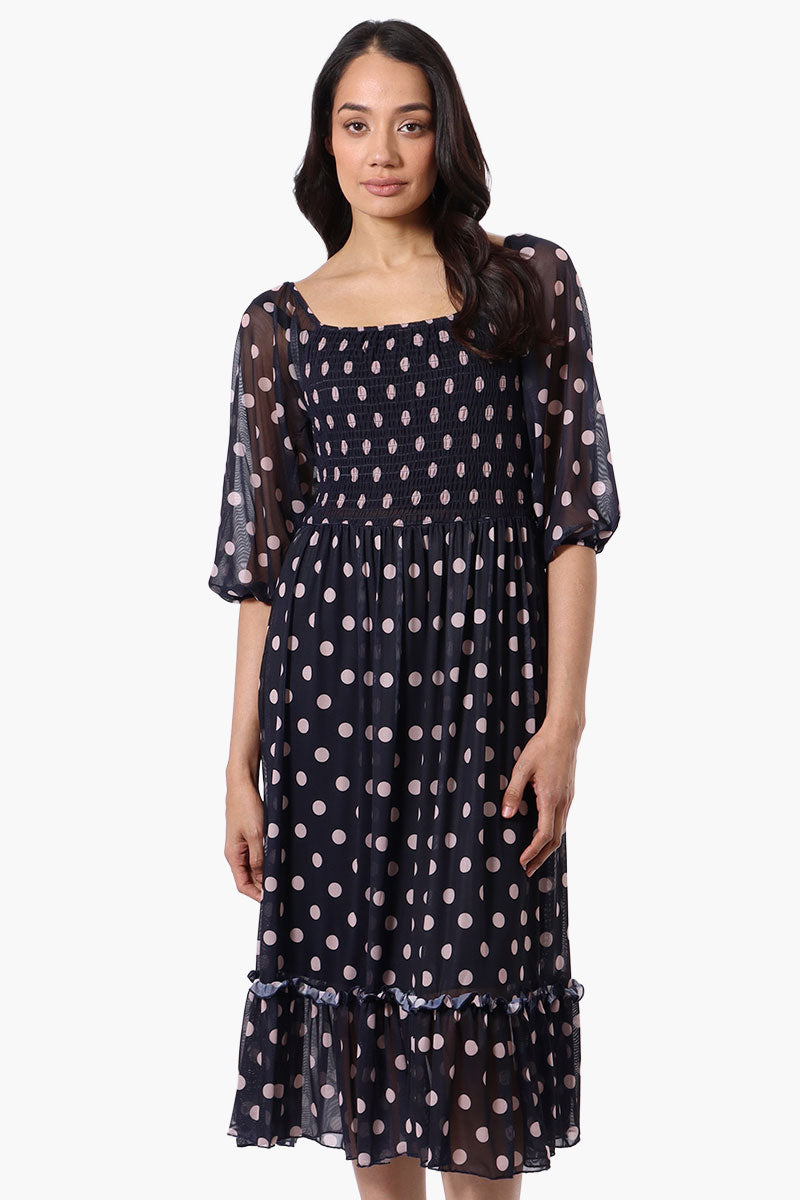Costa Blanca Polka Dot Tiered Sheer Sleeve Midi Dress - Navy - Womens Midi Dresses - Fairweather