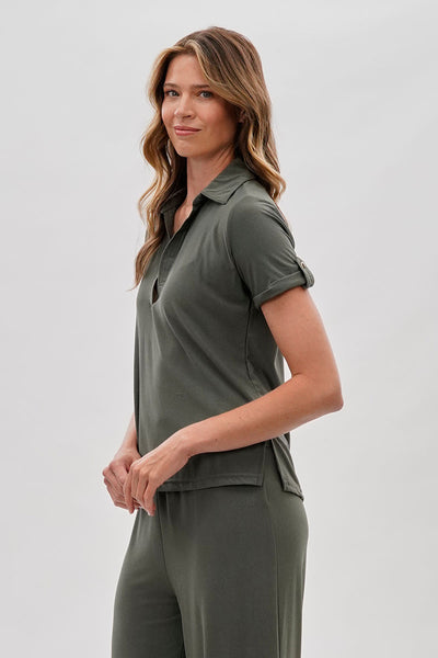 Costa Blanca Short Sleeve Split Neck Blouse - Olive - Womens Shirts & Blouses - Fairweather