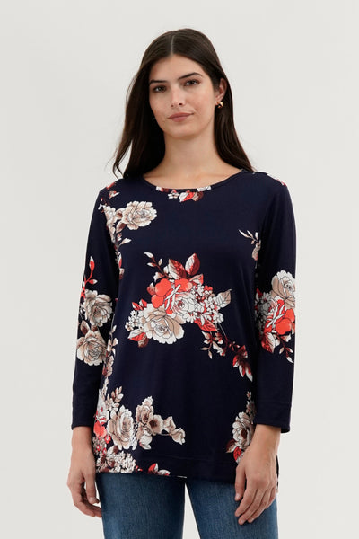 International INC Company Floral 3/4 Sleeve Blouse - Navy - Womens Shirts & Blouses - Fairweather