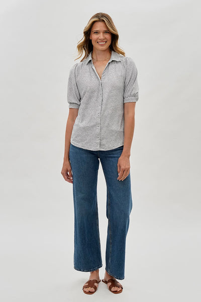 Beechers Brook Patterned Puff Sleeve Button Down Blouse - Grey - Womens Shirts & Blouses - Fairweather