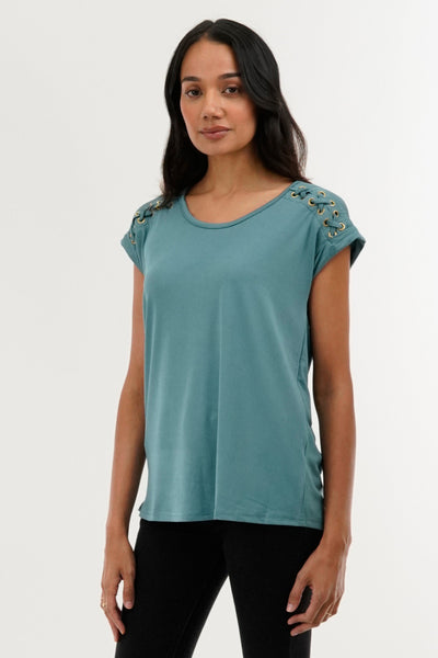 International INC Company Shoulder Lace Up Tee - Teal - Womens Tees & Tank Tops - Fairweather