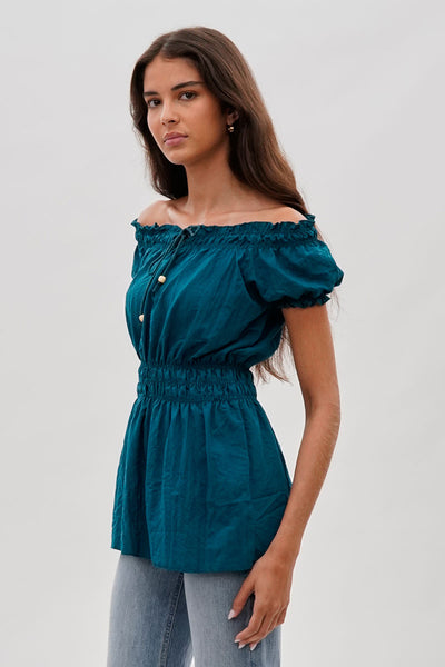 Runaway Bay Cinched Short Sleeve Blouse - Teal - Womens Shirts & Blouses - Fairweather