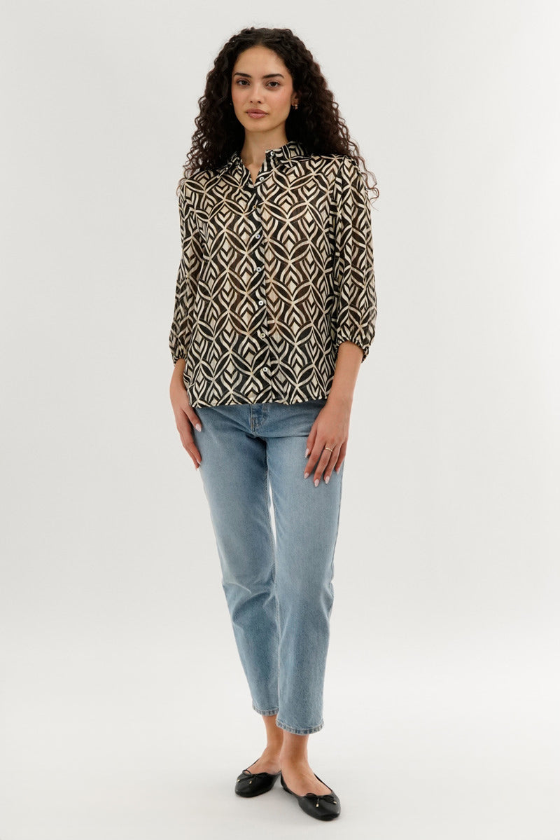Costa Blanca Patterned Sheer Button Down Blouse - Cream - Womens Shirts & Blouses - Fairweather