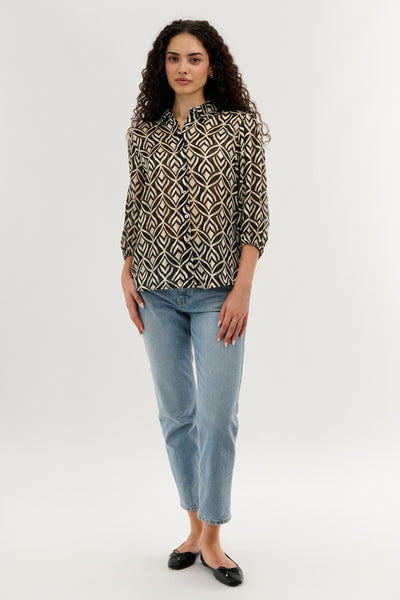 Costa Blanca Patterned Sheer Button Down Blouse - Cream - Womens Shirts & Blouses - Fairweather