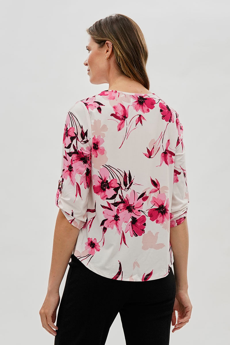 Beechers Brook Floral Roll Up Sleeve Blouse - White - Womens Shirts & Blouses - Fairweather
