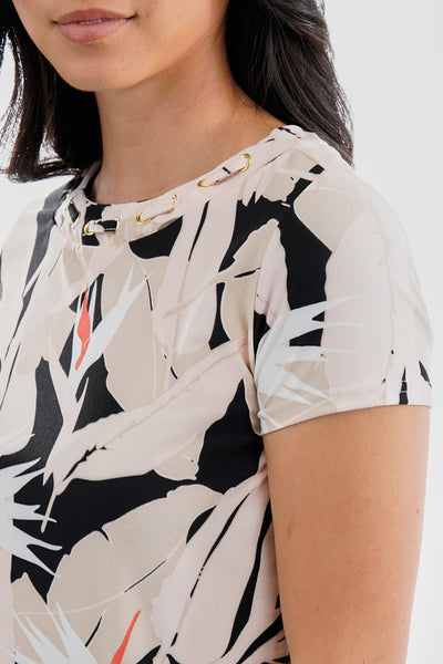 Beechers Brook Feather Print Grommet Neck Detail Tee - Black - Womens Tees & Tank Tops - Fairweather