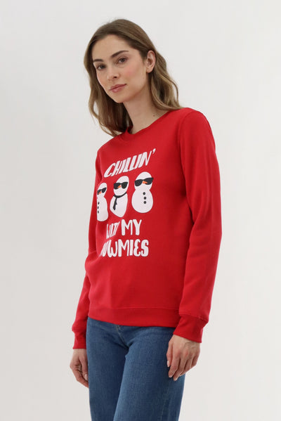 Festive Snowmies Christmas Sweater - Red - Womens Christmas Sweaters - Fairweather