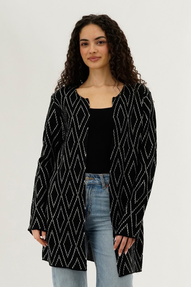 Beechers Brook Long Printed Open Cardigan - Black - Womens Cardigans - Fairweather