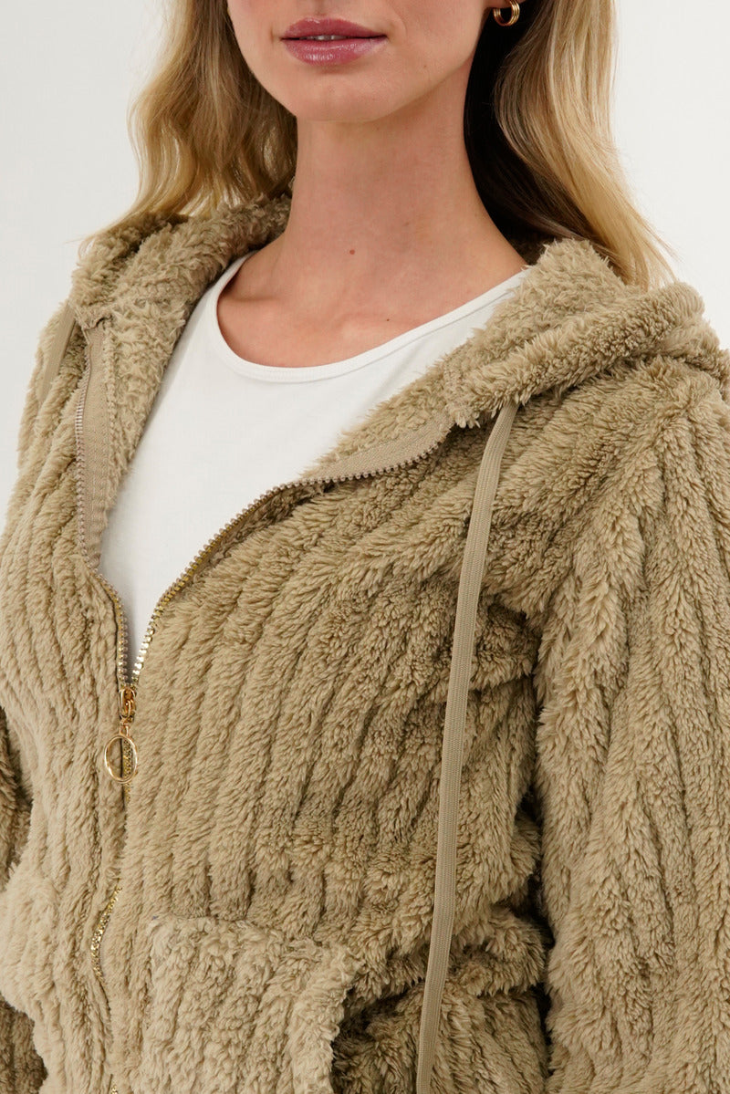 Fahrenheit Plush Hooded Zip Up Lightweight Jacket - Beige