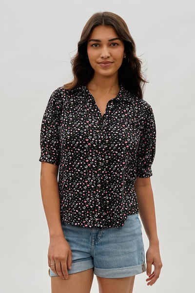 International INC Company Floral Puffer Sleeve Blouse - Black - Womens Shirts & Blouses - Fairweather