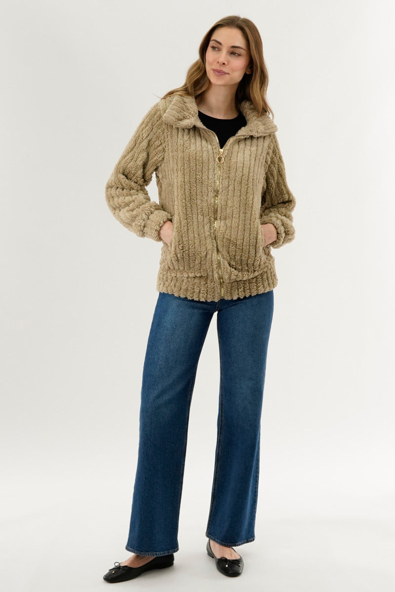 Fahrenheit Plush Zip Up Teddy Lightweight Jacket - Beige