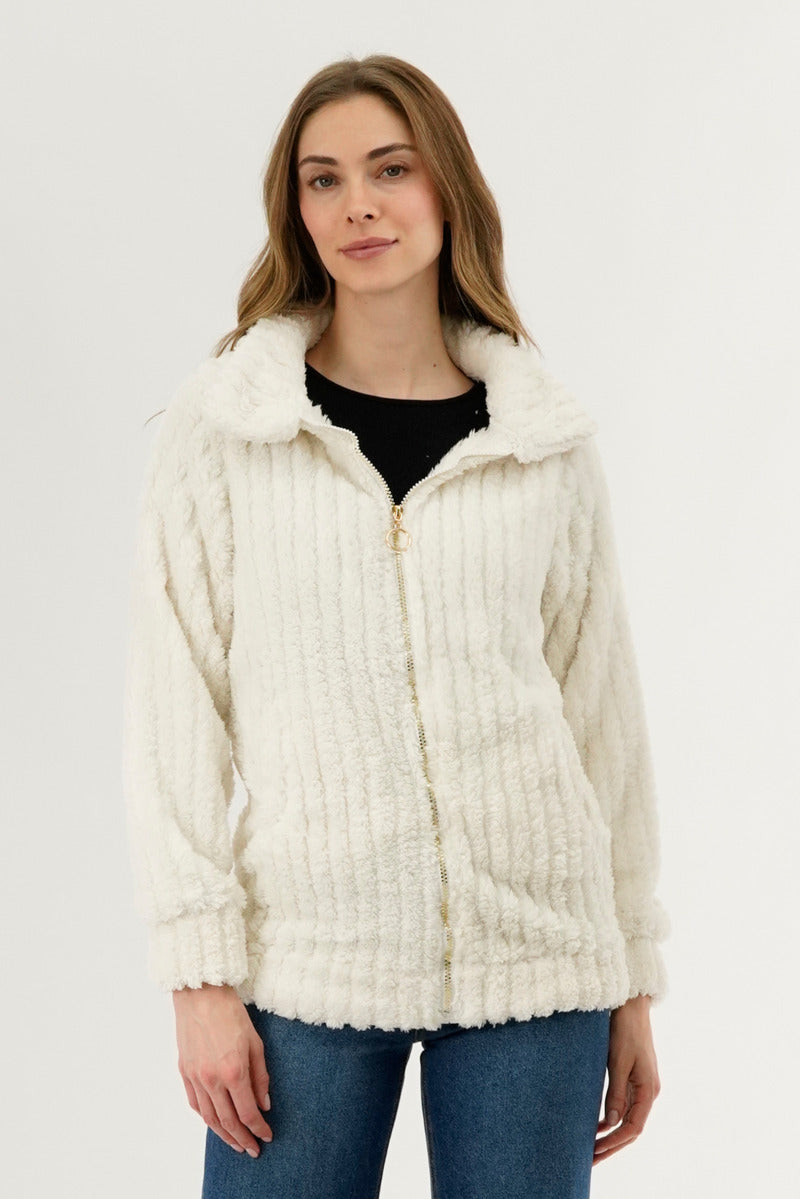 Fahrenheit Plush Zip Up Teddy Lightweight Jacket - White