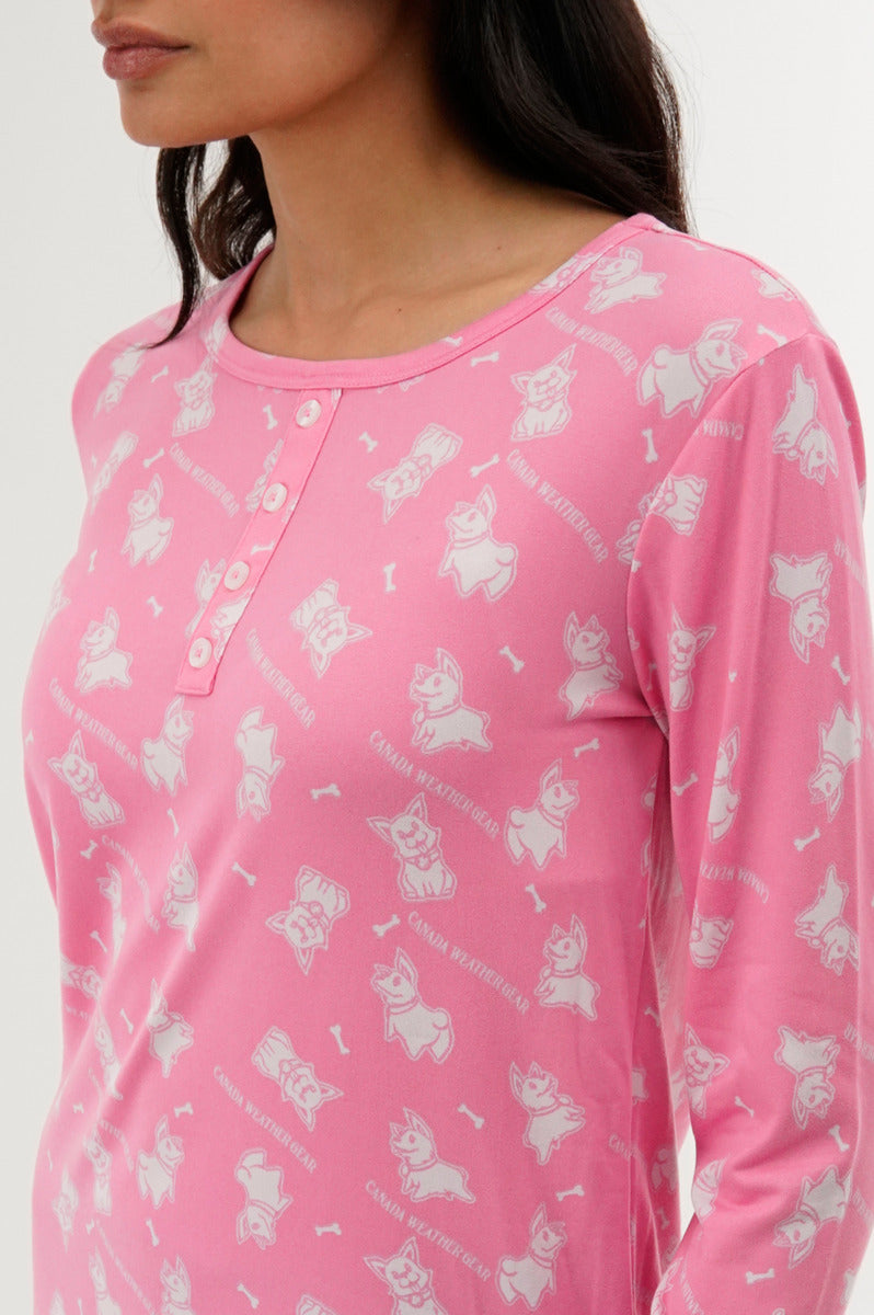 Canada Weather Gear Dog Print Henley Pajama Top - Pink - Womens Pajamas - Fairweather