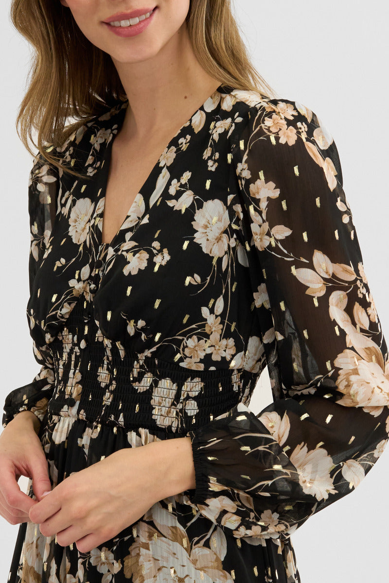 Costa Blanca Floral Long Sleeve Chiffon Maxi Dress - Black - Womens Maxi Dresses - Fairweather