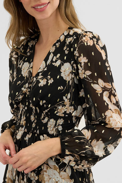 Costa Blanca Floral Long Sleeve Chiffon Maxi Dress - Black - Womens Maxi Dresses - Fairweather