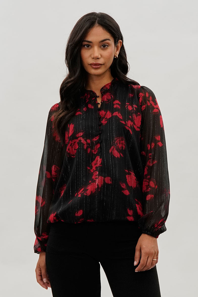 Costa Blanca Floral Sheer Sleeve Blouse - Black - Womens Shirts & Blouses - Fairweather