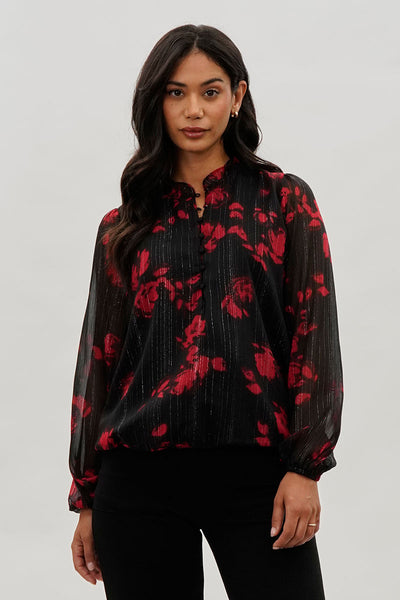 Costa Blanca Floral Sheer Sleeve Blouse - Black - Womens Shirts & Blouses - Fairweather