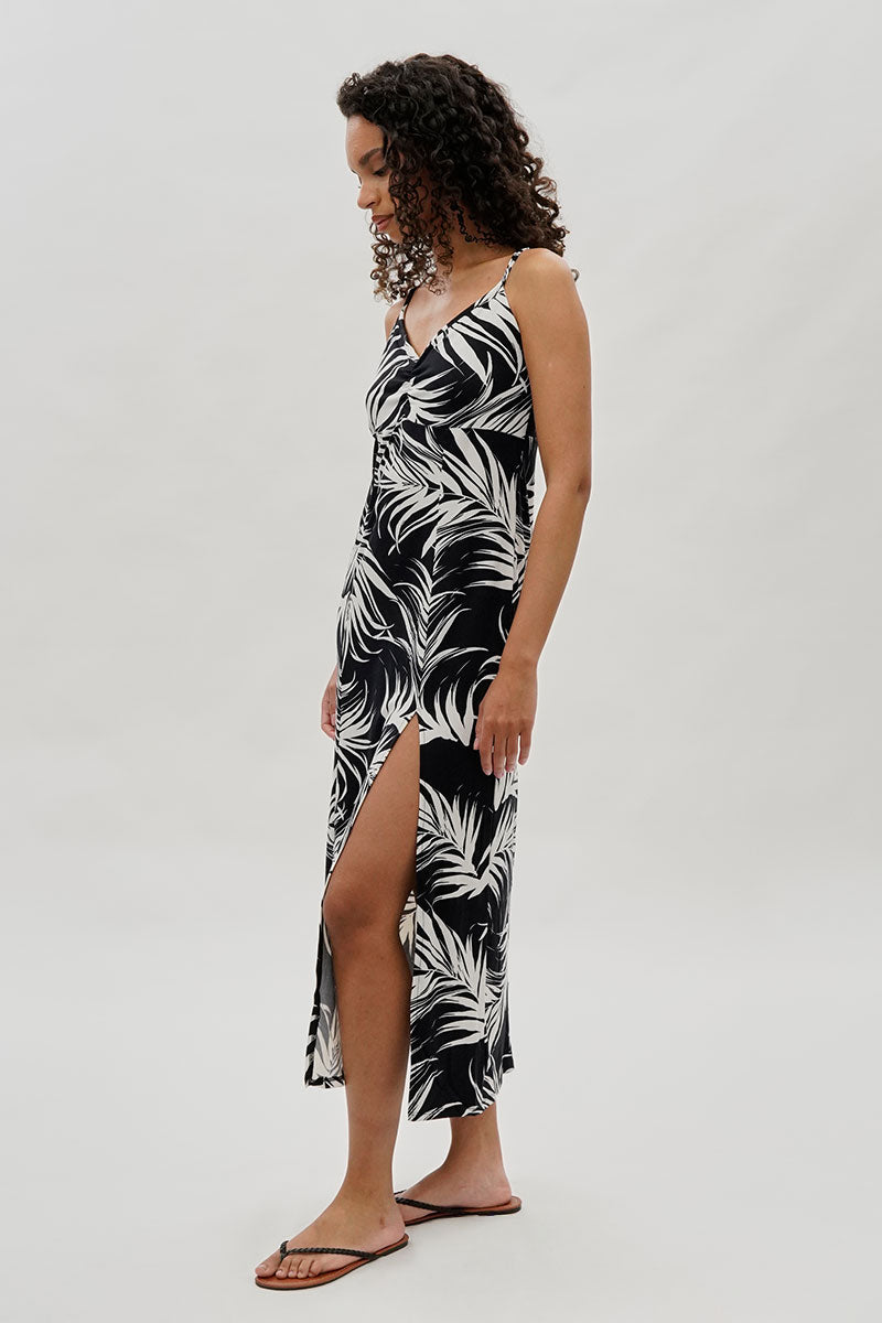 Leaf Print Side Slit Maxi Dress - Black