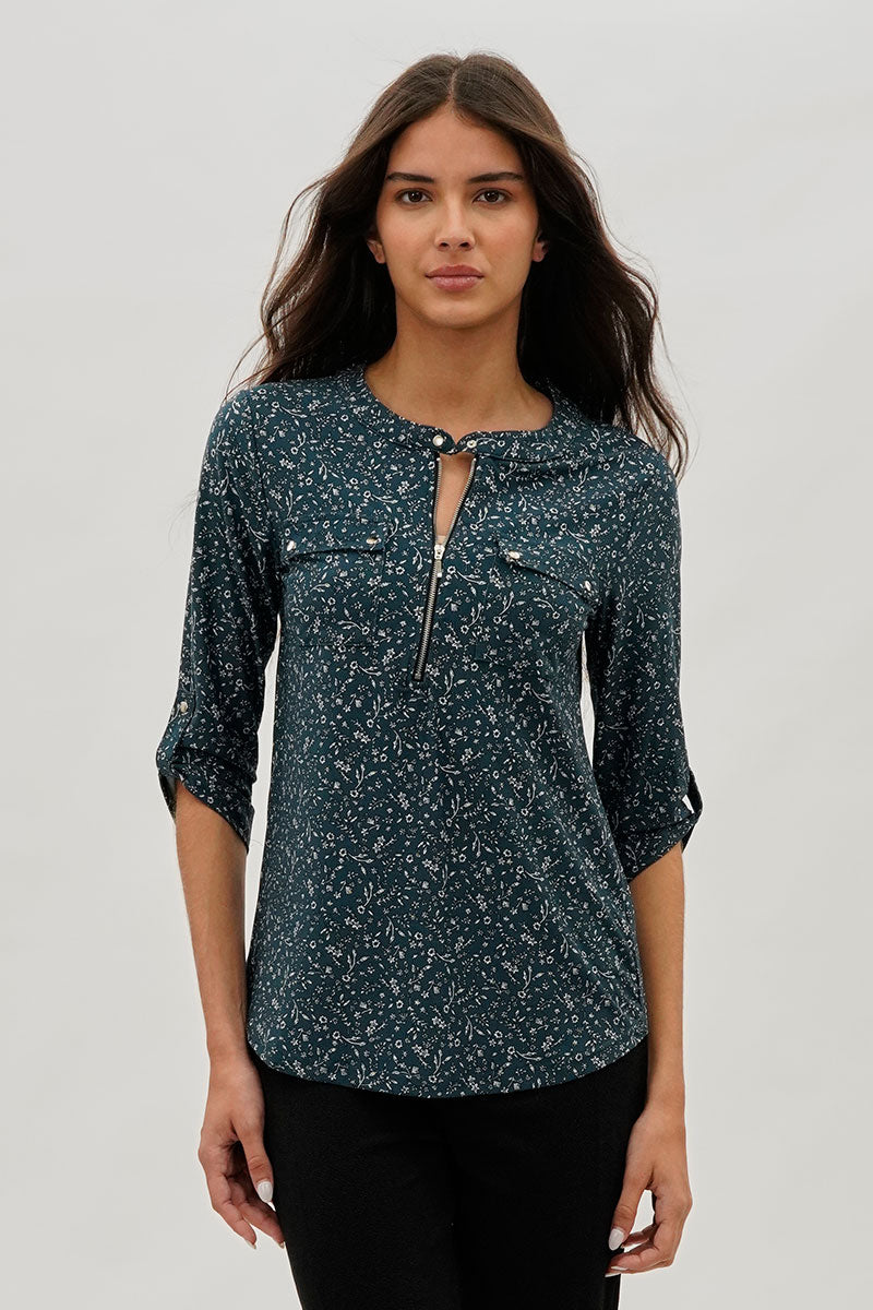 International INC Company Floral Half Zip Blouse - Teal - Womens Shirts & Blouses - Fairweather