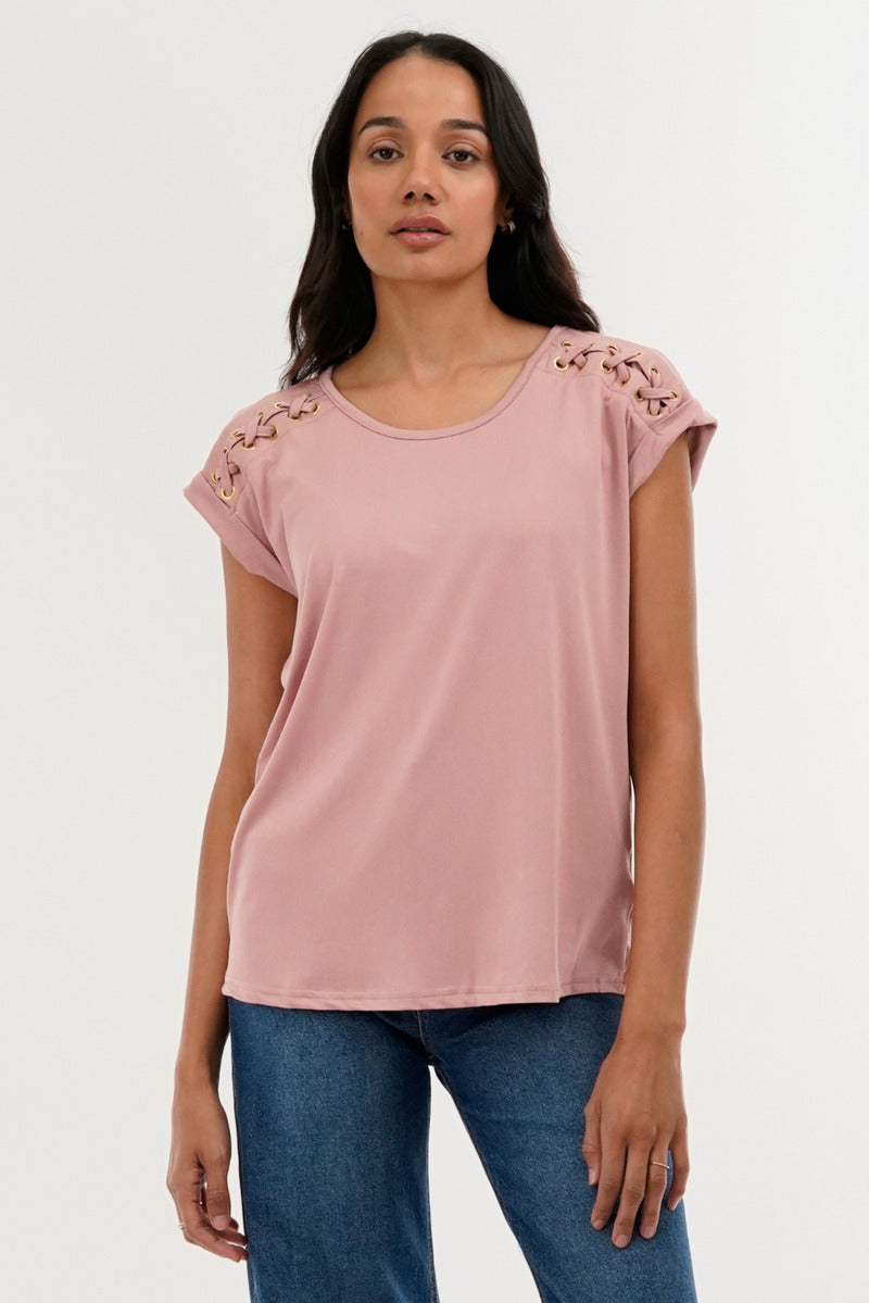 International INC Company Shoulder Lace Up Tee - Pink - Womens Tees & Tank Tops - Fairweather