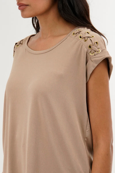 International INC Company Shoulder Lace Up Tee - Taupe - Womens Tees & Tank Tops - Fairweather