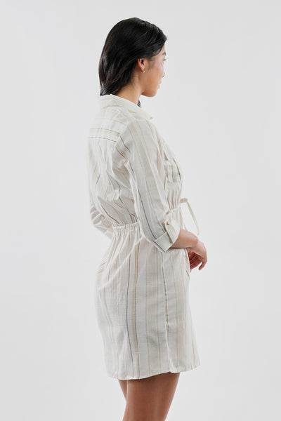 Beechers Brook Striped Roll Up Sleeve Flap Pocket Day Dress - Beige - Womens Day Dresses - Fairweather