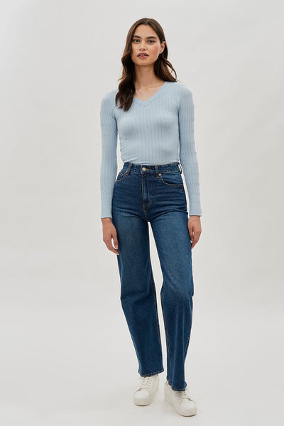 International INC Company Ribbed V-Neck Long Sleeve Top - Blue - Womens Long Sleeve Tops - Fairweather