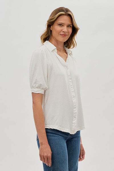 Beechers Brook Patterned Puff Sleeve Button Down Blouse - White - Womens Shirts & Blouses - Fairweather