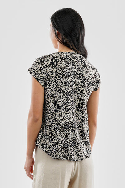 Beechers Brook Patterned Zipper Shoulder Detail Blouse - Black - Womens Shirts & Blouses - Fairweather