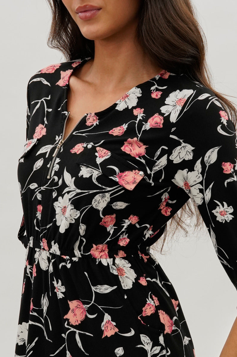International INC Company Floral Front Zip Midi Dress - Black - Womens Midi Dresses - Fairweather