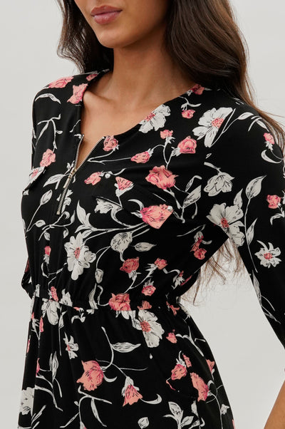 International INC Company Floral Front Zip Midi Dress - Black - Womens Midi Dresses - Fairweather