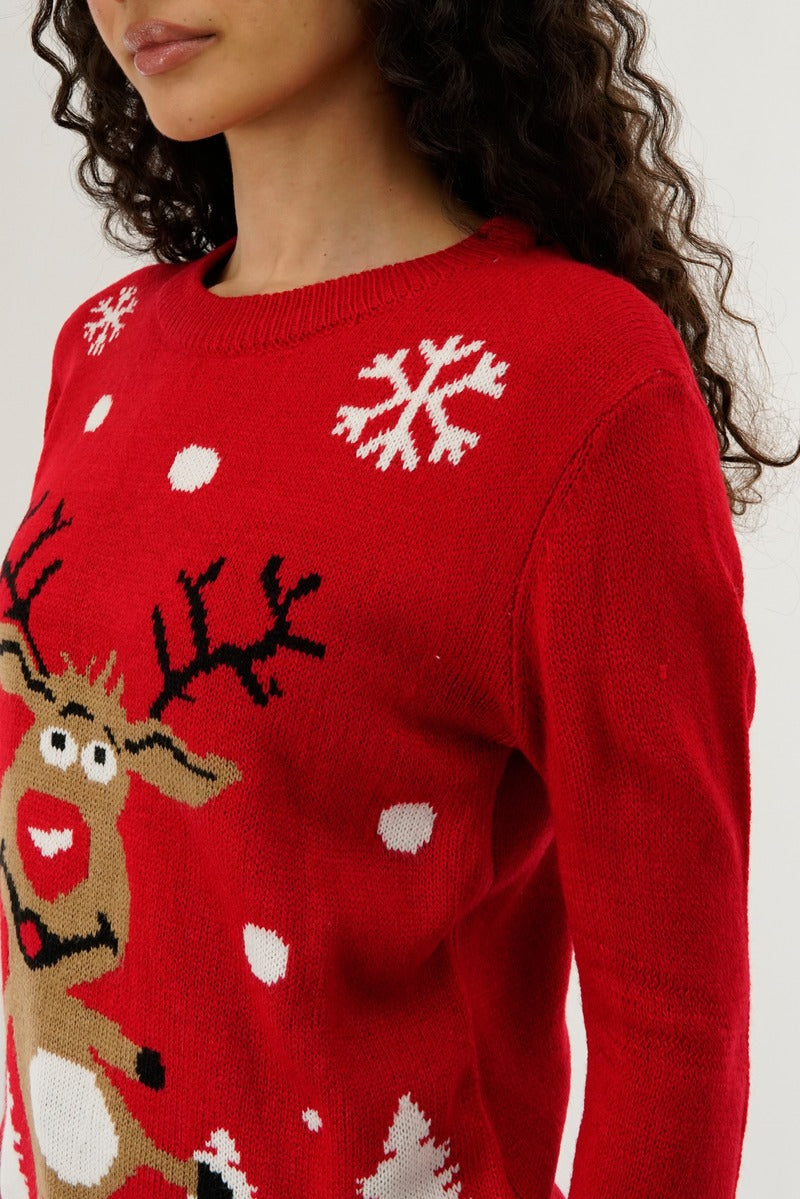 Festive Dancing Reindeer Christmas Sweater - Red - Womens Christmas Sweaters - Fairweather