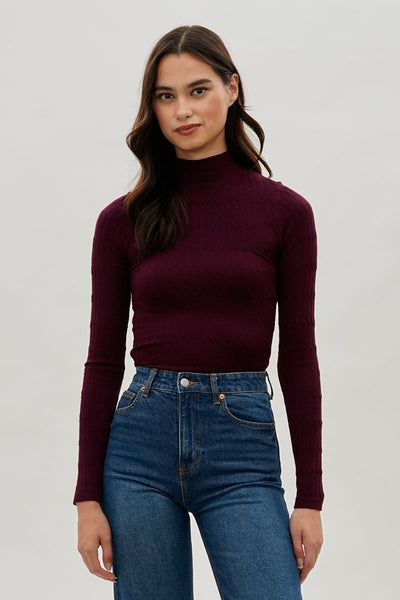 International INC Company Ribbed Mock Neck Long Sleeve Top - Burgundy - Womens Long Sleeve Tops - Fairweather
