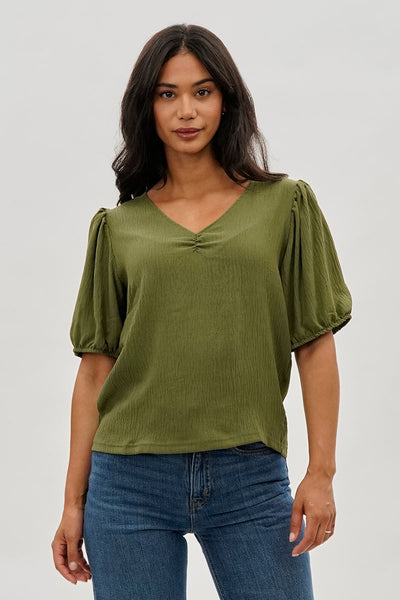 Stylexchange Vintage Puff Sleeve V-Neck Blouse - Olive - Womens Shirts & Blouses - Fairweather