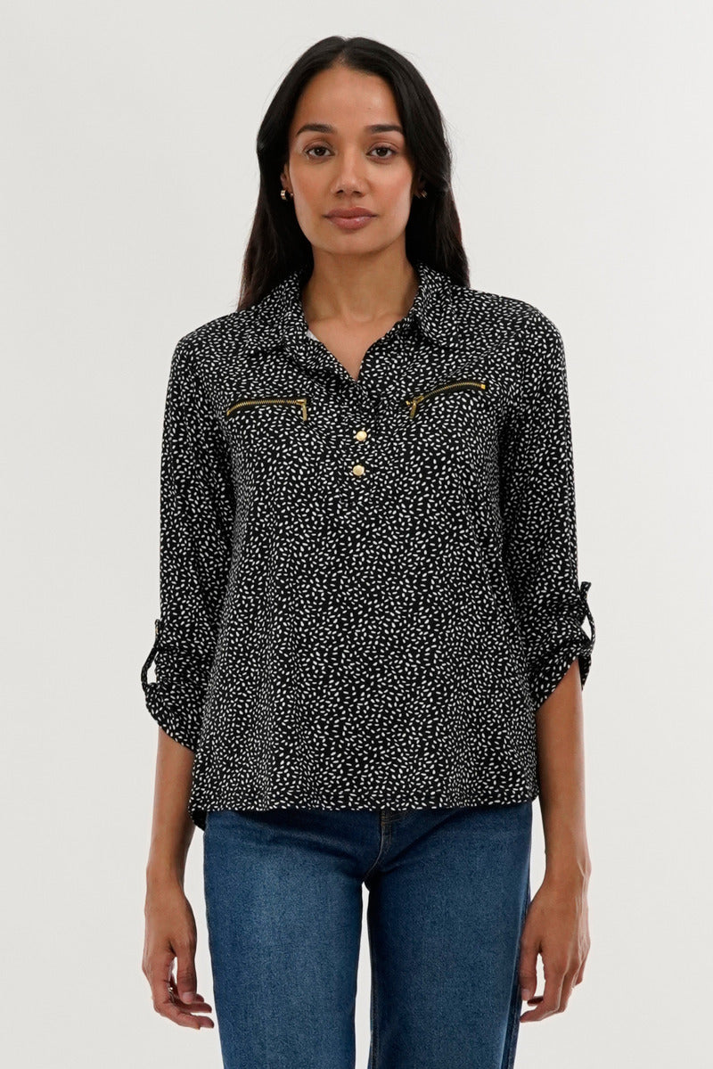 International INC Company Patterned Roll Up Sleeve Blouse - Black - Womens Shirts & Blouses - Fairweather